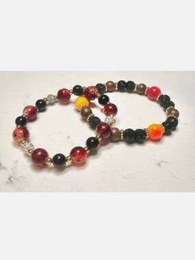 *Autumn Ember* Fall Halloween Orange Black Wood 2 Stretch Bracelets 6.5in